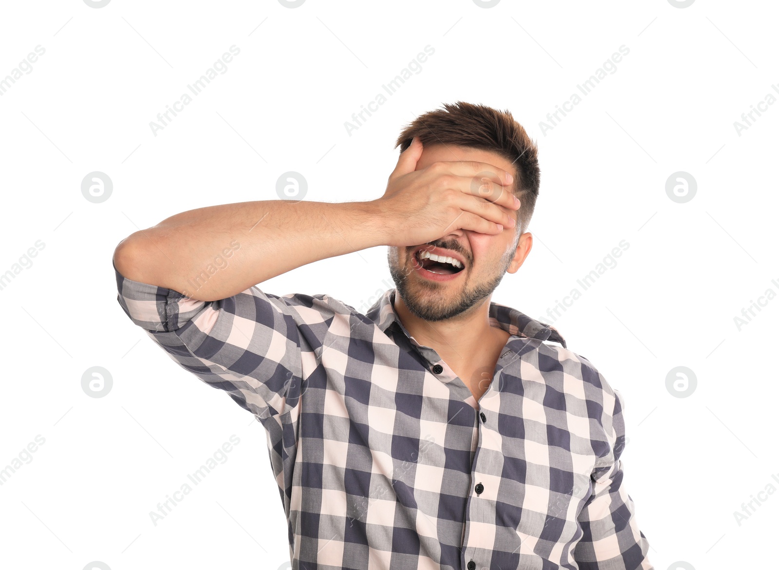 Photo of Young man being blinded on white background