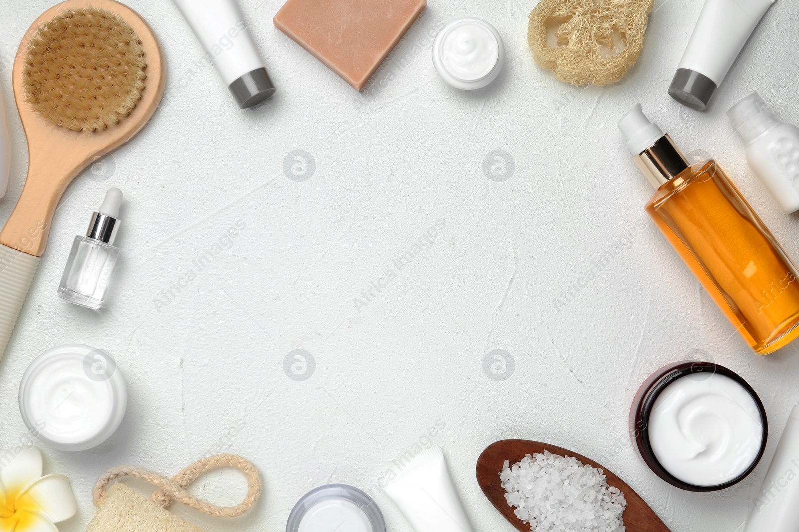 Photo of Flat lay composition with body care products and space for text on white background