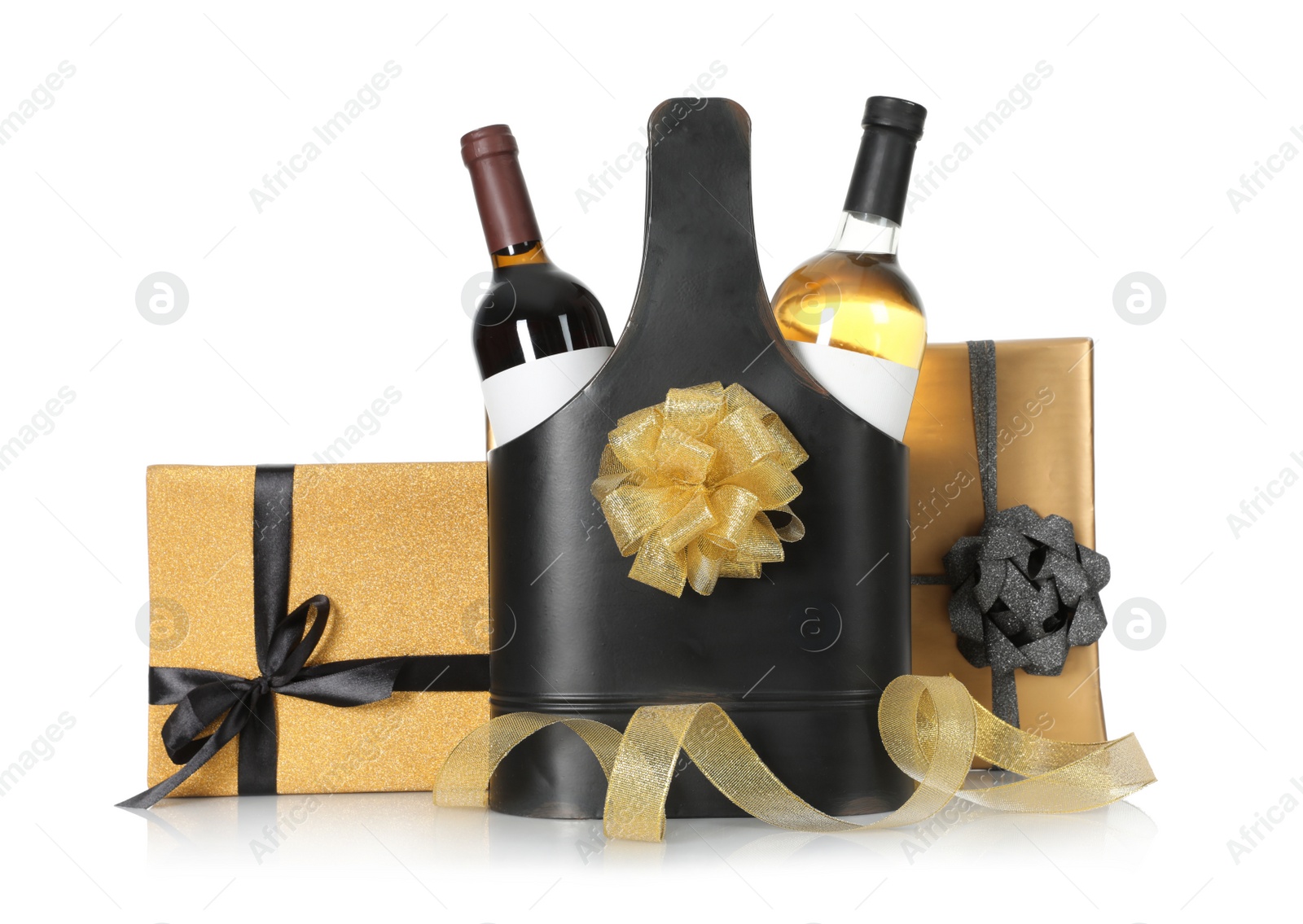 Photo of Festive package with bottles of wine and gift boxes on white background