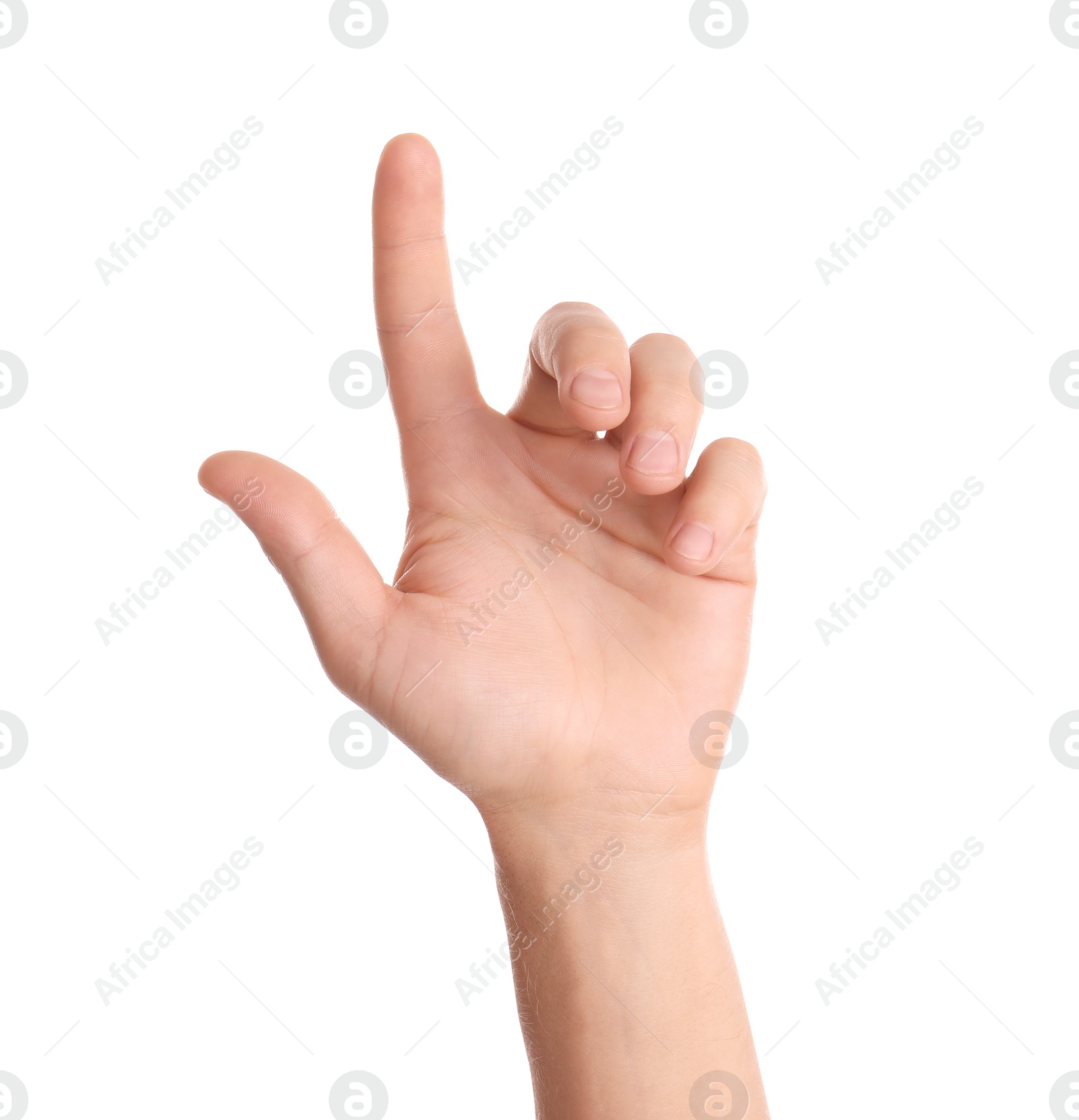 Photo of Man pointing at something on white background, closeup of hand