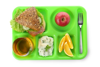 Photo of Serving tray with healthy food on white background, top view. School lunch