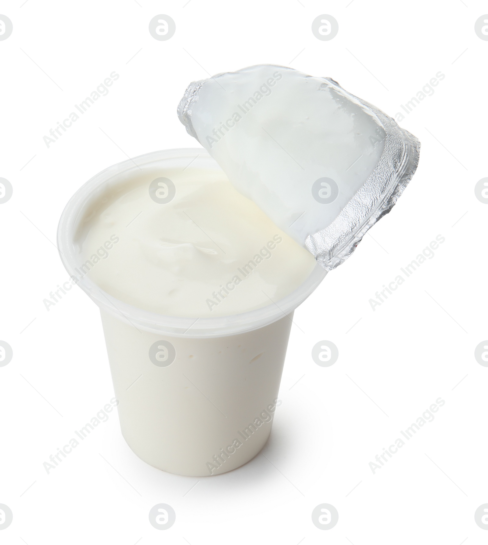 Photo of Plastic cup with creamy yogurt on white background