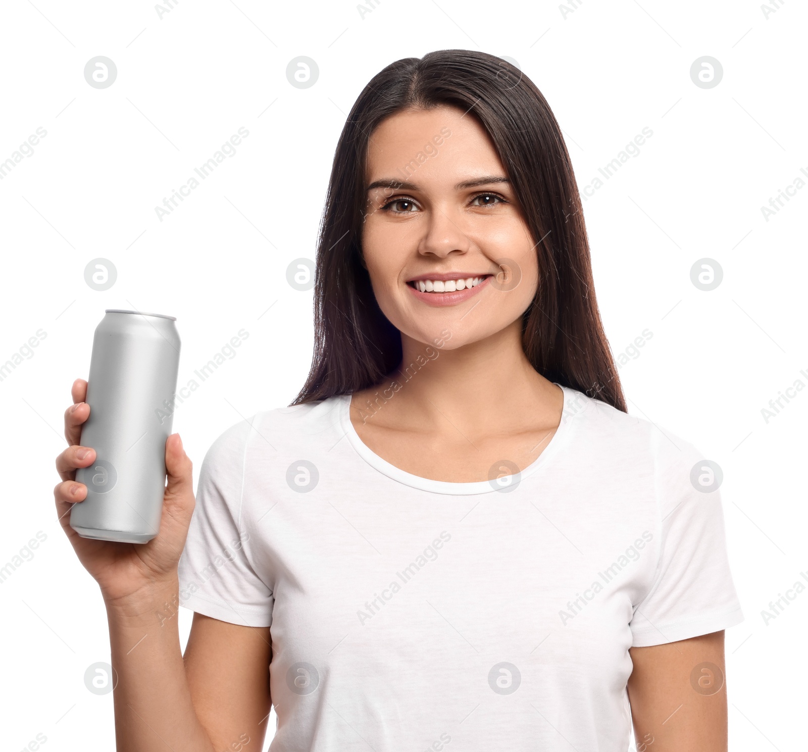 Photo of Beautiful young woman holding tin can with beverage on white background