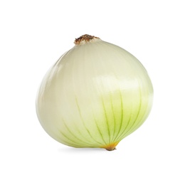 Photo of Fresh peeled onion bulb on white background