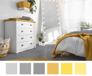 Image of Color of the year 2021. Modern bedroom interior with stylish furniture