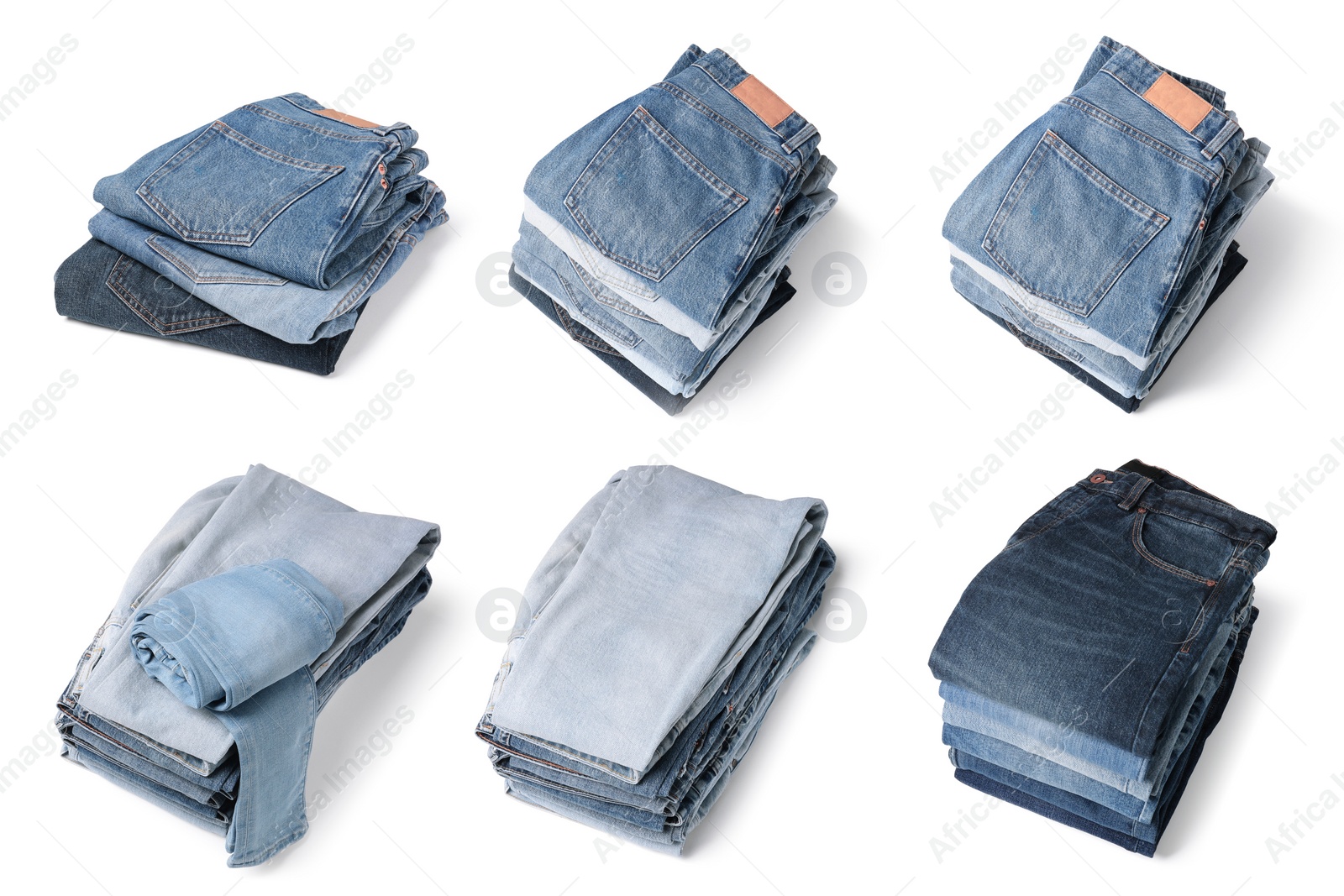 Image of Set with folded different jeans on white background