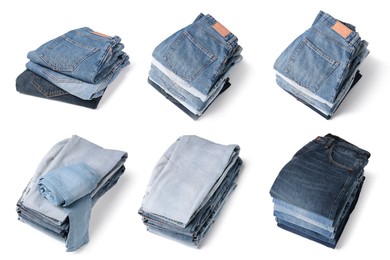 Image of Set with folded different jeans on white background