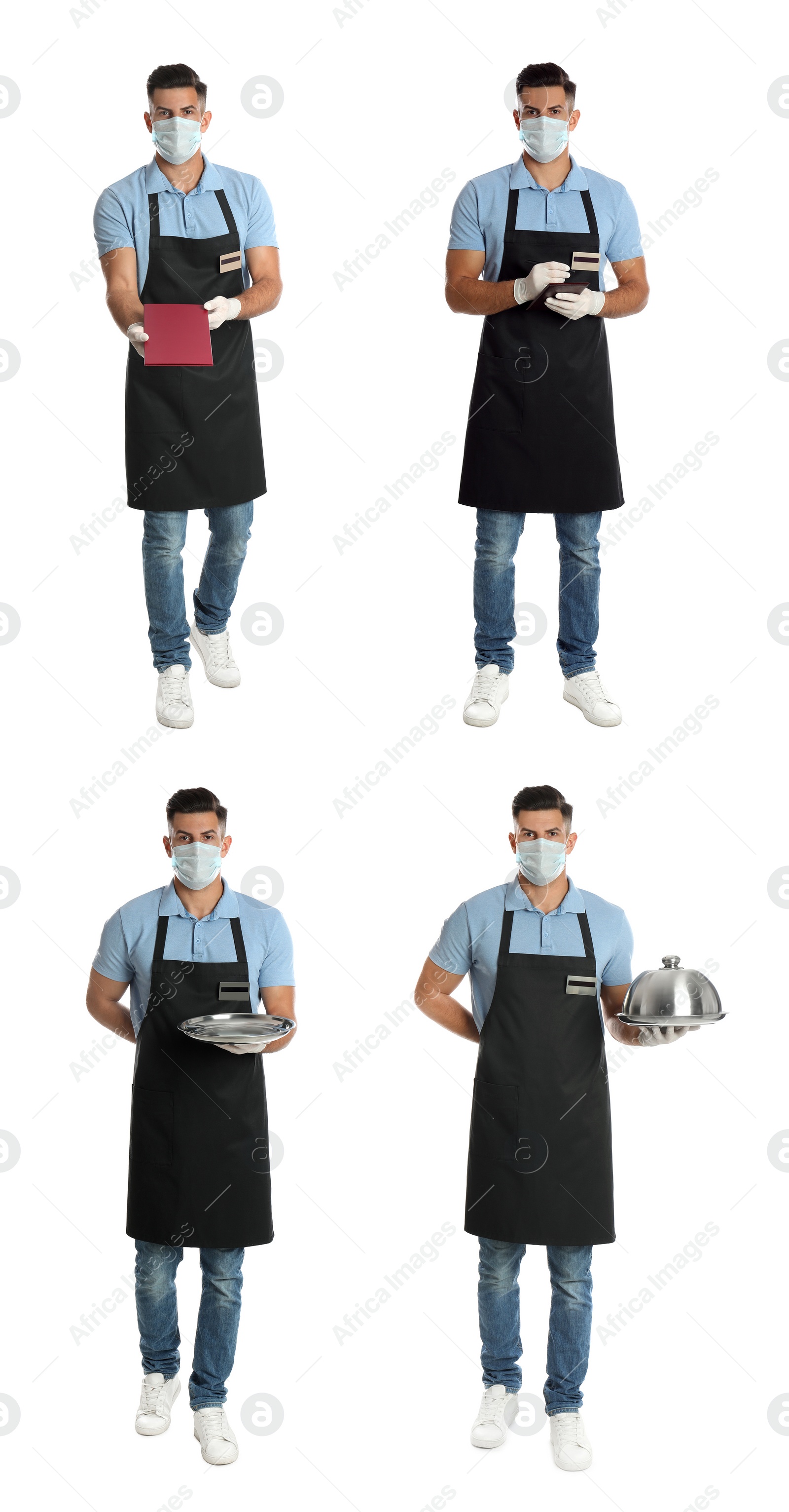 Image of Collage with photos of waiter wearing medical mask on white background. Protective measures during coronavirus outbreak