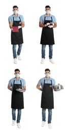 Image of Collage with photos of waiter wearing medical mask on white background. Protective measures during coronavirus outbreak