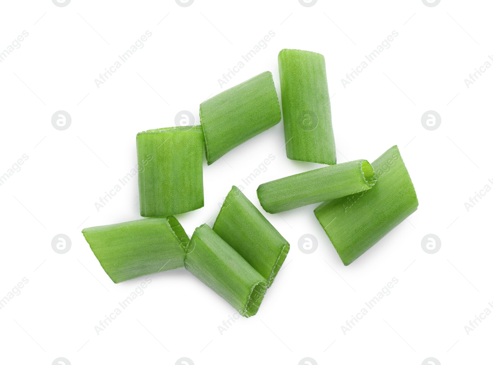 Photo of Pile of fresh green onion isolated on white, top view