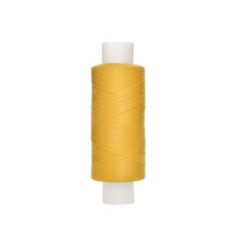 Photo of Spool of yellow sewing thread isolated on white