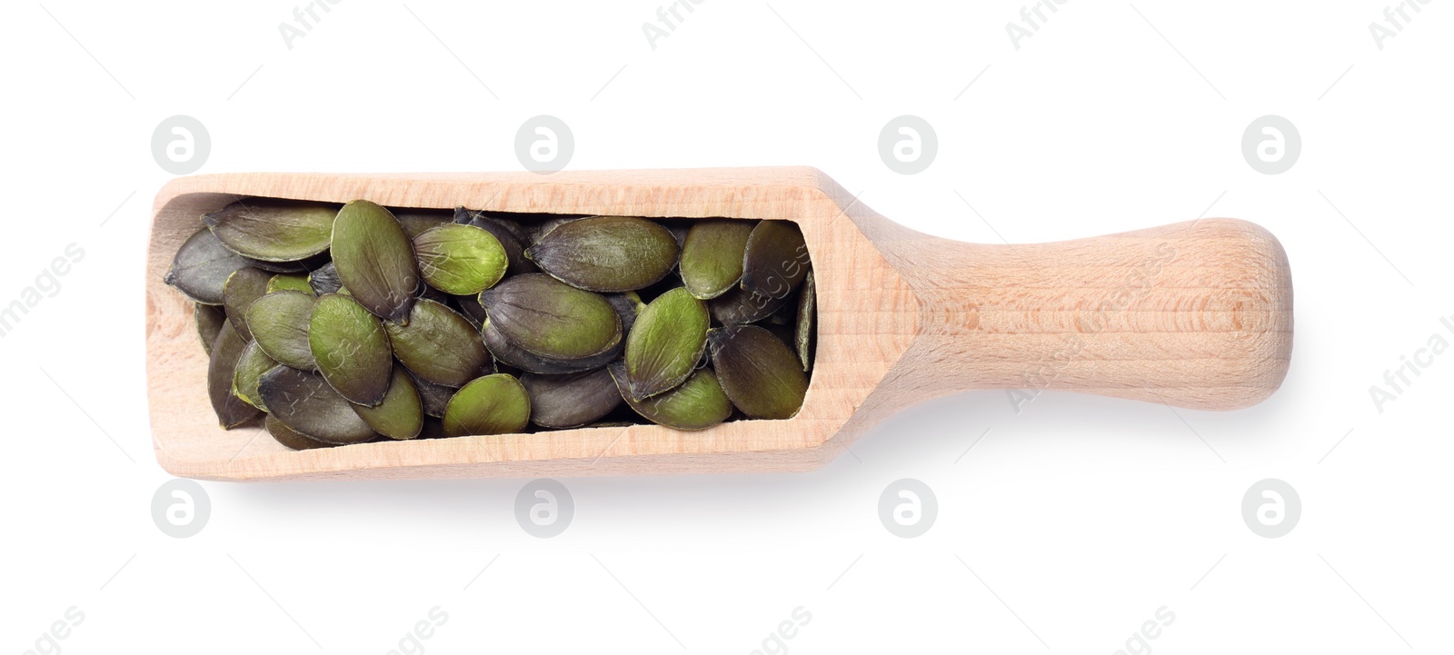 Photo of Wooden scoop with pumpkin seeds isolated on white, top view
