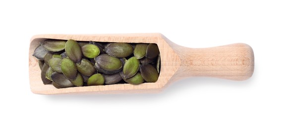 Wooden scoop with pumpkin seeds isolated on white, top view