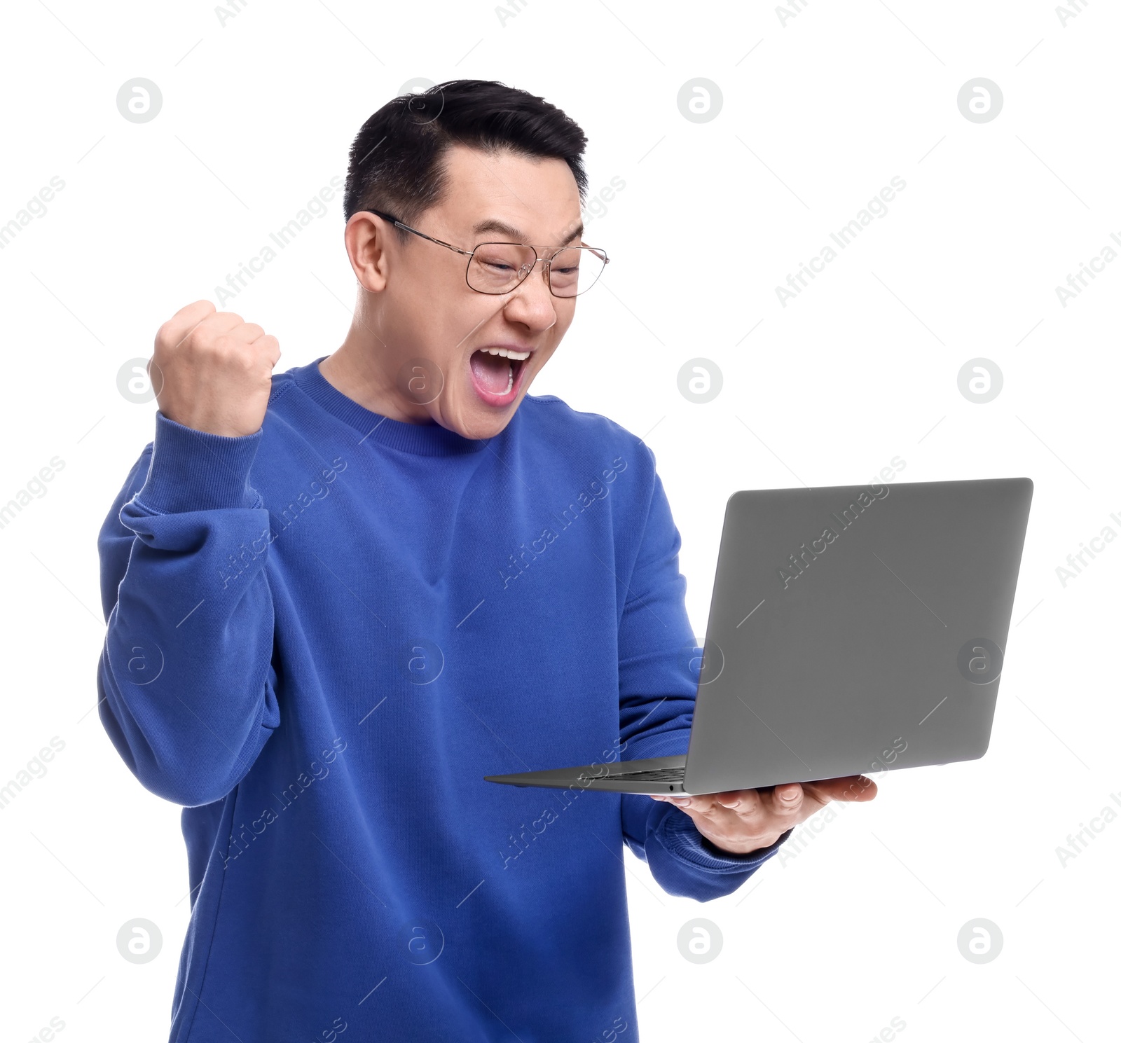 Photo of Emotional man with laptop on white background