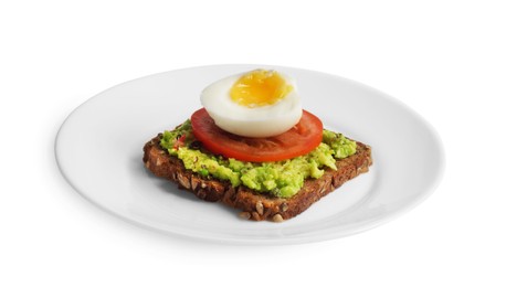 Photo of Delicious sandwich with boiled egg, mashed avocado and tomato slice isolated on white