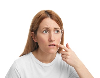 Photo of Upset woman suffering from herpes on white background