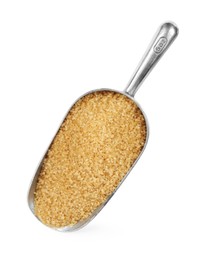 Photo of Brown sugar in metal scoop isolated on white, top view