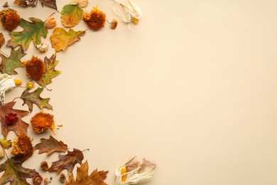 Photo of Flat lay composition with dry autumn leaves on beige background, space for text