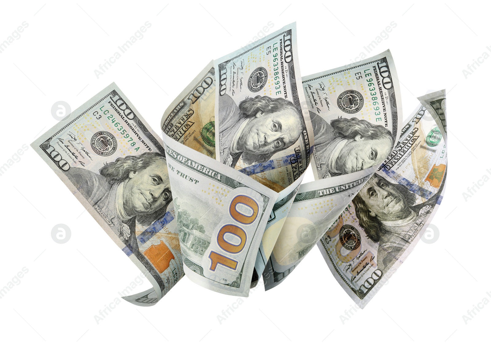 Image of Dollar banknotes flying on white background, collage 