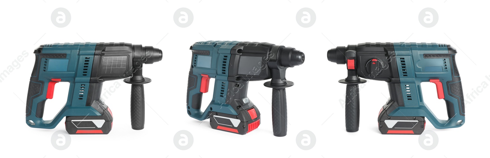 Image of Set of modern electric drills on white background, banner design