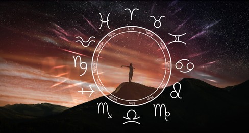 Zodiac wheel and photo of woman in mountains under starry sky. Banner design