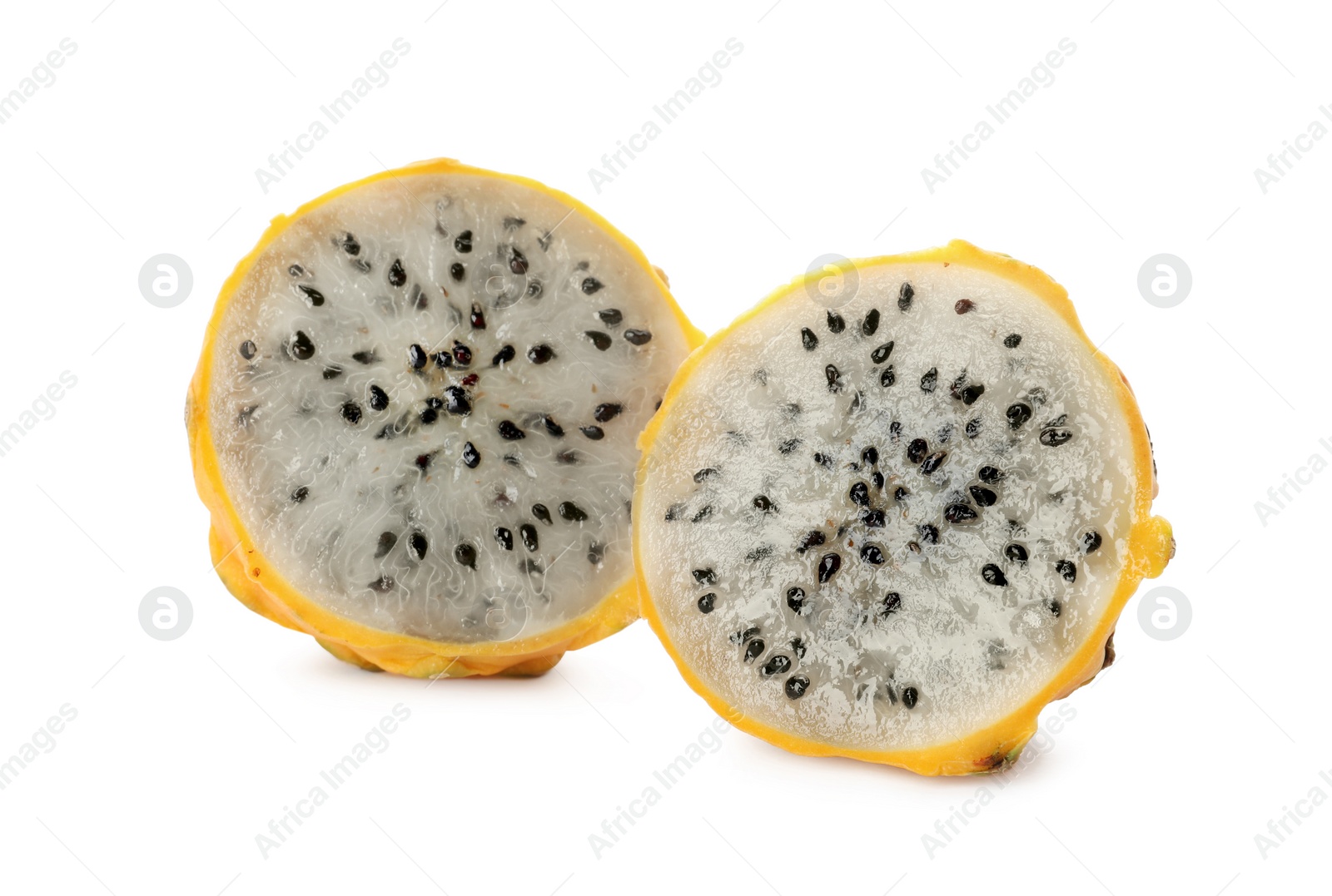 Photo of Delicious cut yellow pitahaya fruit on white background