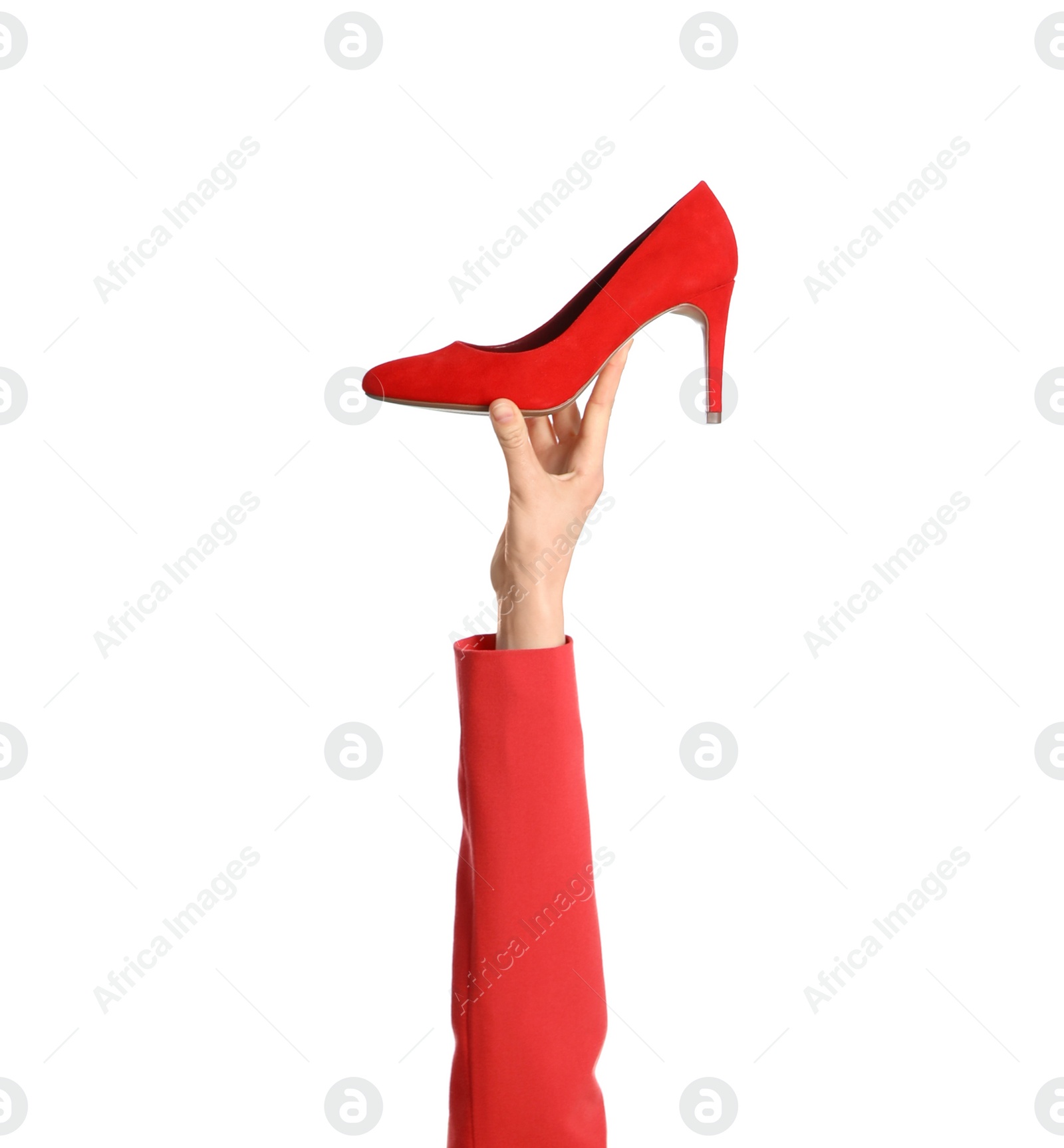 Photo of Woman holding classic high heeled shoe on white background, closeup