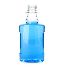 Photo of Bottle with mouthwash for teeth care on white background