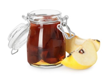 Photo of Tasty homemade quince jam in jar and fruits isolated on white