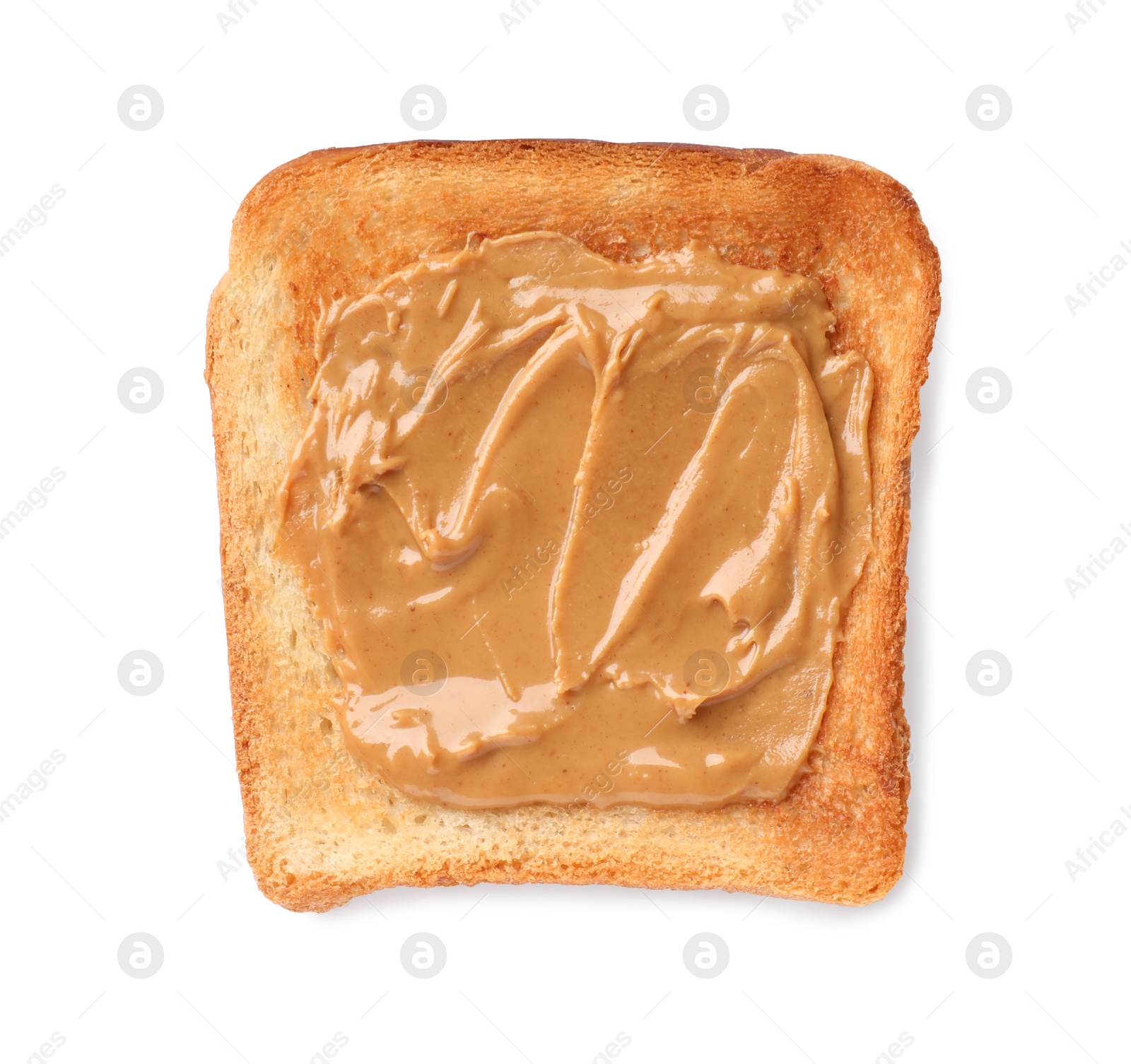 Photo of Tasty toast with nut butter isolated on white, top view