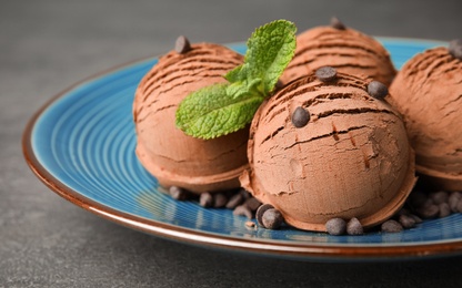 Plate of chocolate ice cream with mint on grey table, closeup