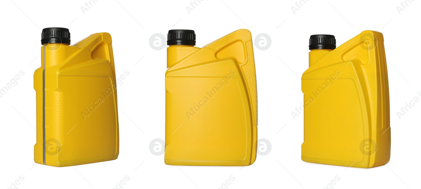 Image of Yellow container with motor oil on white background, different sides. Collage design