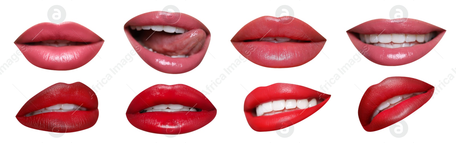 Image of Attractive lips with beautiful lipsticks isolated on white, collage. Banner design