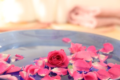 Photo of Pink rose and petals in bowl with water on blurred background, closeup