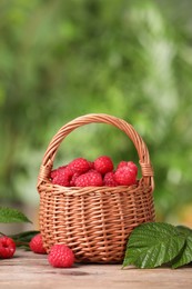 Photo of Wicker basket with tasty ripe raspberries and leaves on wooden table against blurred green background, space for text