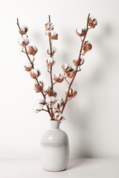 Photo of Cotton branches with fluffy flowers in vase on table against white background