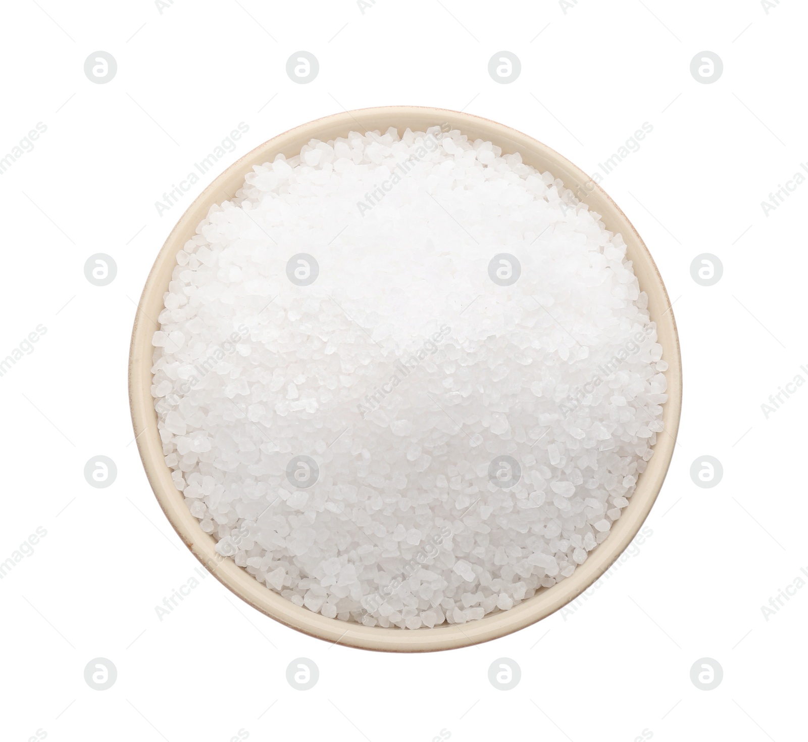 Photo of Bowl with natural salt isolated on white, top view