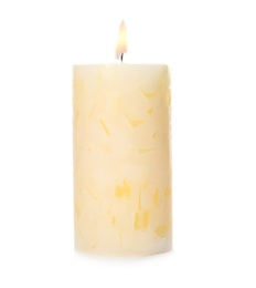 Photo of Alight color wax candle on white background