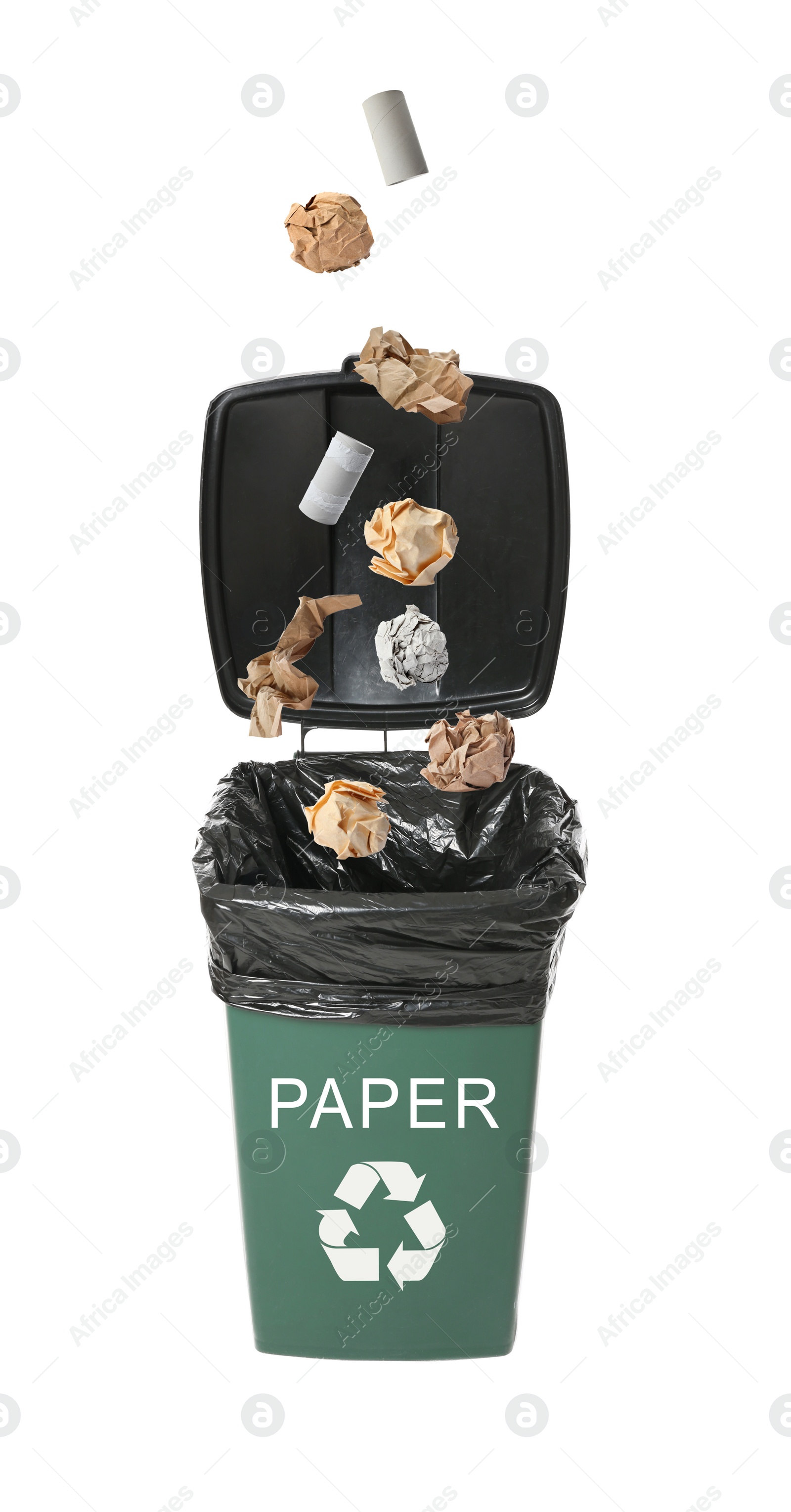 Image of Different paper garbage falling into trash bin. Waste management and recycling