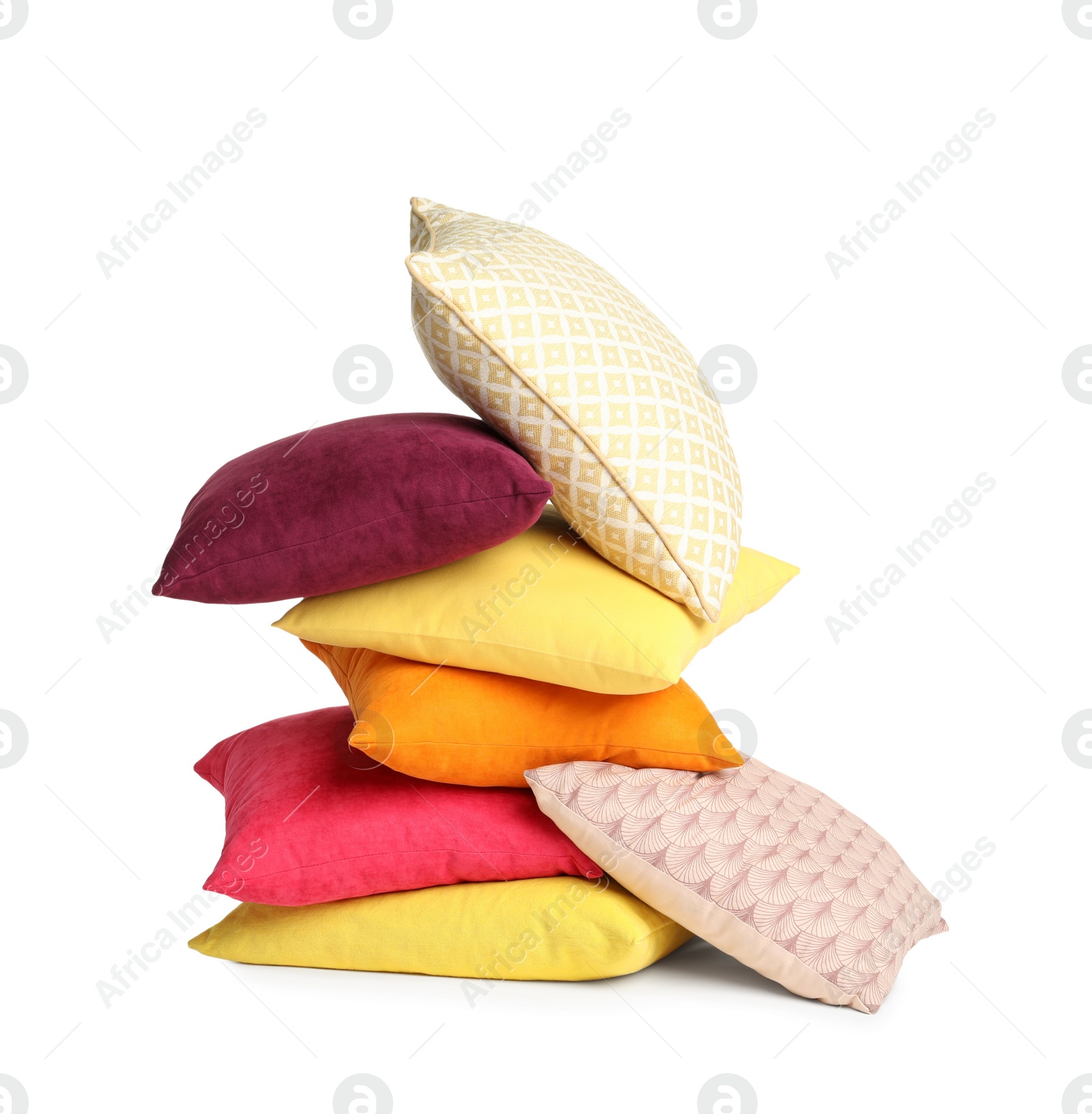 Photo of Different colorful decorative pillows on white background