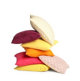 Photo of Different colorful decorative pillows on white background