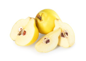 Photo of Ripe whole and cut quinces isolated on white