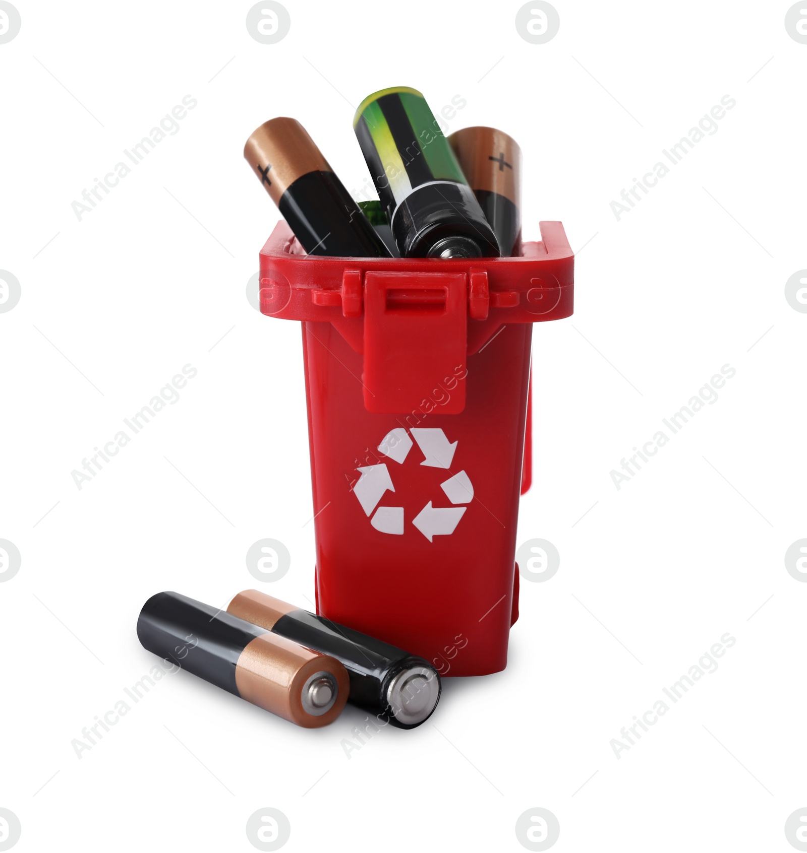 Image of Used batteries in recycling bin on white background