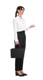 Photo of Happy businesswoman with bag on white background