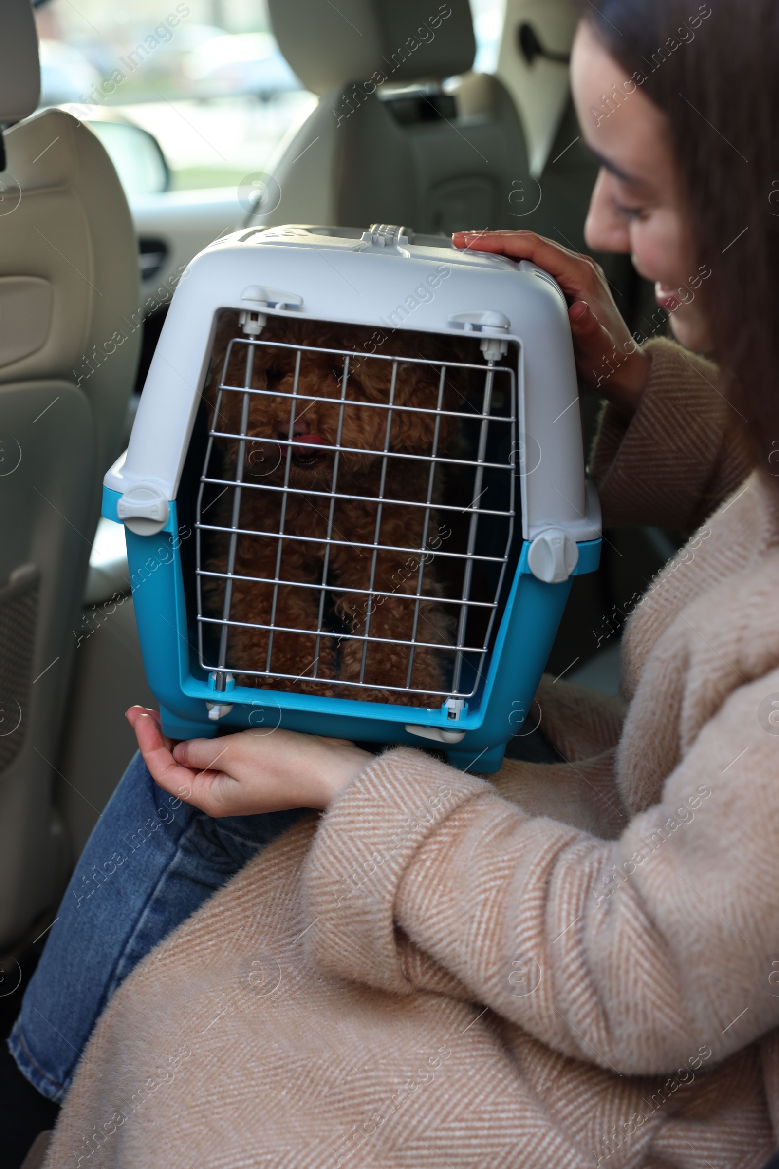 Photo of Woman with pet carrier travelling with her dog by car