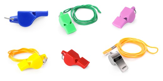 Different colourful whistles with cords isolated on white, set