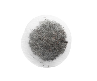 Photo of Unused round tea bag on white background