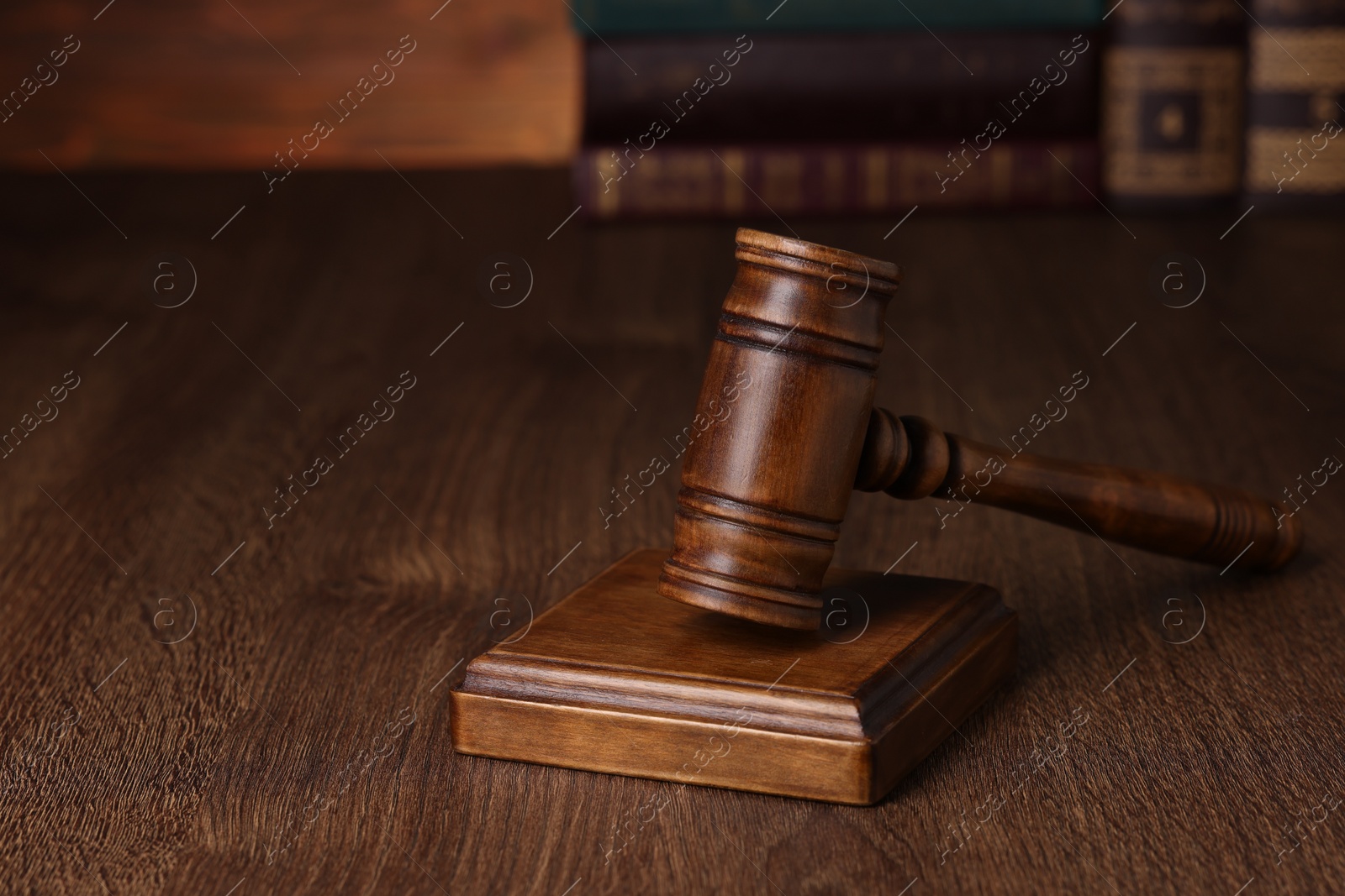 Photo of Law concept. Judge's gavel on wooden table, space for text