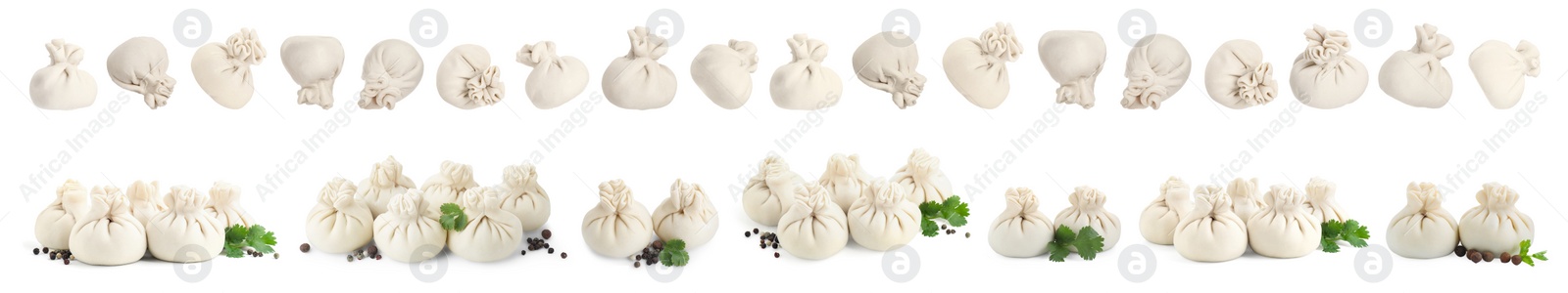 Image of Uncooked khinkalis (dumplings) isolated on white, set