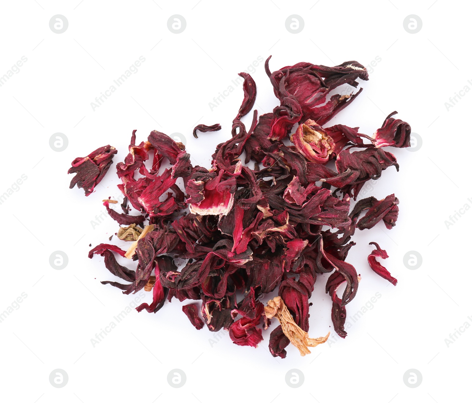 Photo of Pile of dry hibiscus tea isolated on white, top view